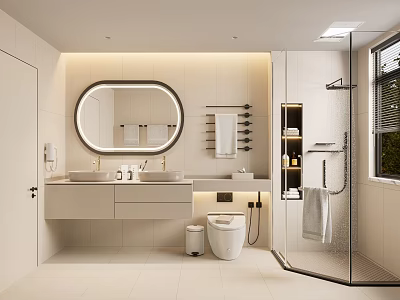Modern Bathroom Interior Design With Oval Mirror Double Vanity And Walk In Shower 3d model