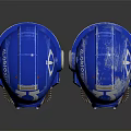 Two Blue Mechanical Helmets With White Logo Red Details On Black Background 3d model