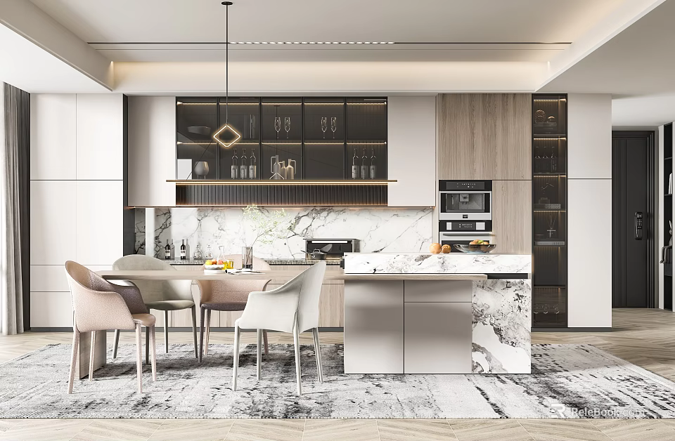 Elegant Modern Restaurant Interior With Open Kitchen Dining Table And Marble Island 3d model