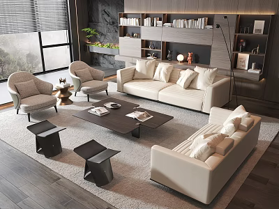 Modern Beige Sofa Coffee Table Set With Throw Pillows Armchairs And Floor To Ceiling Windows 3d model
