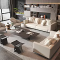 Modern Beige Sofa Coffee Table Set With Throw Pillows Armchairs And Floor To Ceiling Windows 3d model