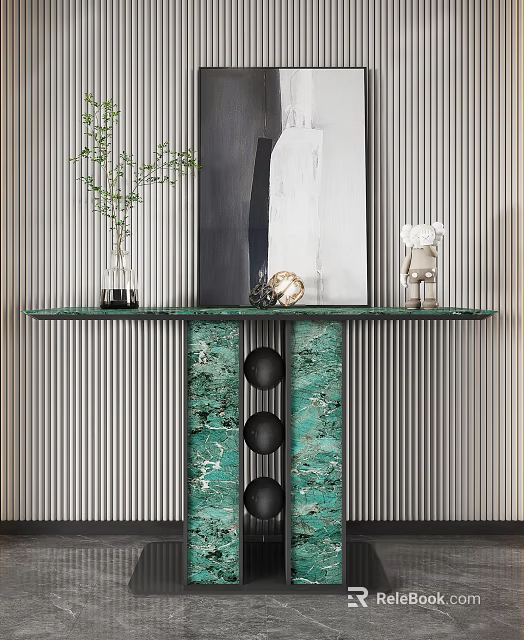 Modern Console Table With Green Marble Top And Decorative Elements On Striped Wall 3d model 