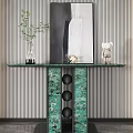 Modern Console Table With Green Marble Top And Decorative Elements On Striped Wall 3d model