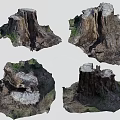 Set of Four Natural Stone Wood Tree Stumps With Textured Bark And Realistic Details