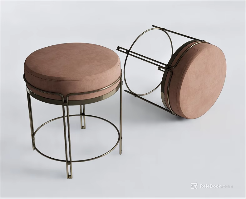 Round Upholstered Stools with Modern Metal Frame and Brown Cushioned Seat 3d model 