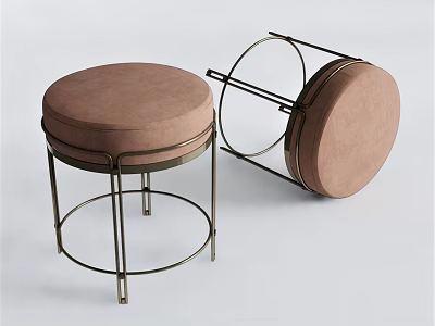 Round Upholstered Stools with Modern Metal Frame and Brown Cushioned Seat 3d model