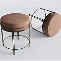 Round Upholstered Stools with Modern Metal Frame and Brown Cushioned Seat