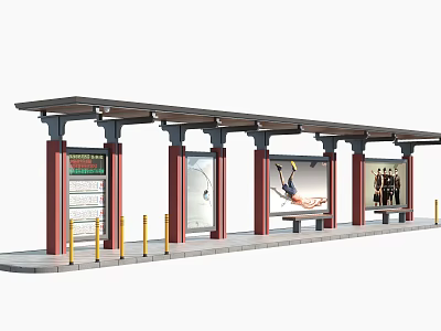 Modern Bus Station With Roof Shelter Red Pillars Advertisement Billboards And Yellow Railings 3d model