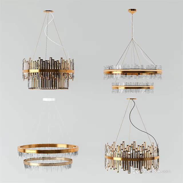 Modern Chandelier Designs With Golden Frames And Glass Elements For Interior Decor 3d model
