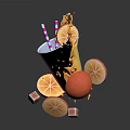 Refreshing Purple Cup Drink With Splashing Orange Liquid Orange Slices Ice Cubes And Striped Straw