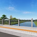 Garden Landscape Design With River Bridge Green Grass And Trees Under Blue Sky