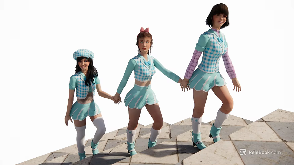 Three Women Holding Hands On Stone Steps Wearing Blue White Checkered Short Skirts And Tops 3d model 