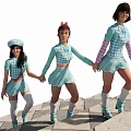 Three Women Holding Hands On Stone Steps Wearing Blue White Checkered Short Skirts And Tops