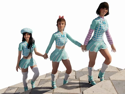 Three Women Holding Hands On Stone Steps Wearing Blue White Checkered Short Skirts And Tops 3d model