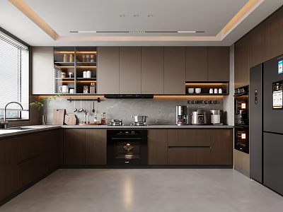 Modern Kitchen Interior With Dark Cabinets Built-in Appliances And Stone Countertop 3d model