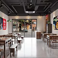 Modern Hotpot Restaurant Interior With Wooden Tables Benches Pendant Lights And Fresh Food Posters