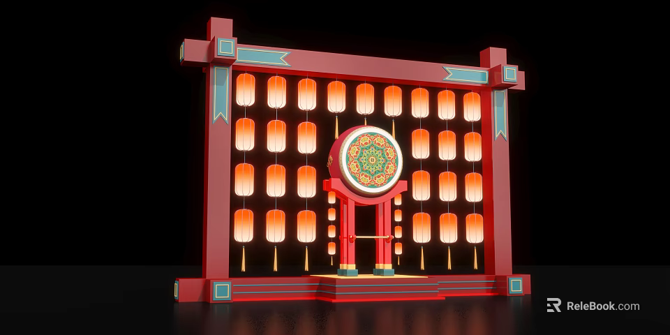 Traditional Chinese Style Red Frame With Hanging Lanterns And Circular Decorative Drum 3d model 