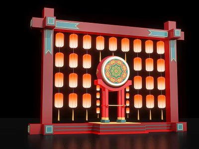 Traditional Chinese Style Red Frame With Hanging Lanterns And Circular Decorative Drum 3d model