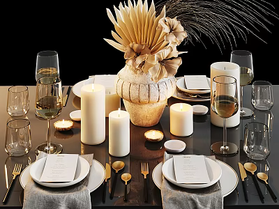 Elegant Decorative Ornament Set for Dining Table with Vase Flowers Candles Wine Glasses and Tableware 3d model