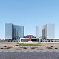 Modern High Rise Office Building With Glass Facade By Water Reflection And Green Lawn