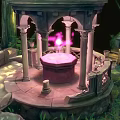 Cartoon Fantasy Forest Scene with Glowing Pink Dome Pavilion Stone Path and Trees
