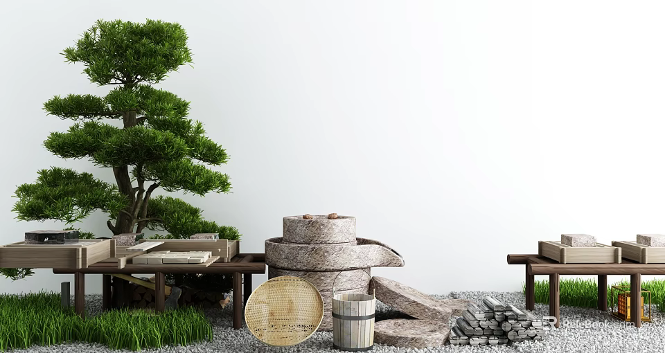 Serene Courtyard Garden With Pine Tree Stone Mill Bamboo Basket Grass And Pebbles 3d model 