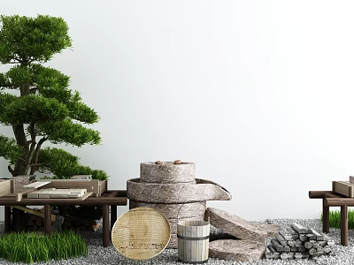 Serene Courtyard Garden With Pine Tree Stone Mill Bamboo Basket Grass And Pebbles 3d model