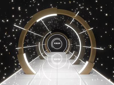 Modern Office Corridor Interior Design With Sleek LED Lighting And Metallic Arch Decor 3d model