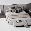 Modern Double Bed With Gray Headboard Plush Pillows Footstool Tray And Side Table 3d model