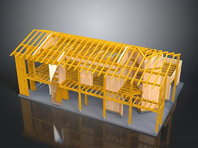 Wooden House Frame Structure With Beams And Construction Framework Model 3d model