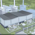 Industrial Factory Building With Cooling Towers Chimneys Electrical Equipment And Green Surroundings