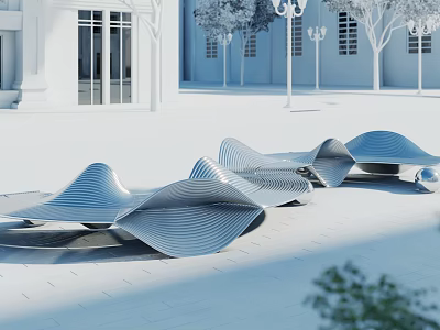 Wave Shaped Metal Landscape Seating in Plaza with White Buildings Trees and Street Lamps 3d model