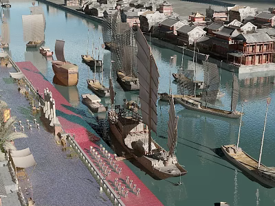Ancient Sailing Junks Sailing Along Scenic Waterway With Traditional Buildings 3d model
