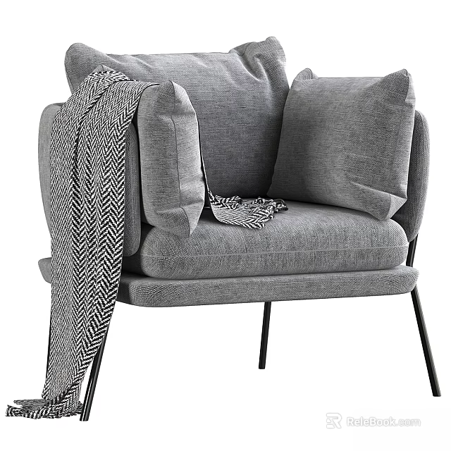 Gray Upholstered Accent Chair with Soft Pillows and Herringbone Throw Blanket Black Metal Legs 3d model 
