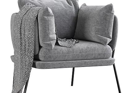 Gray Upholstered Accent Chair with Soft Pillows and Herringbone Throw Blanket Black Metal Legs 3d model