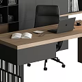 Modern Office Desk With Wooden Top Laptop Open Book Desk Lamp And Black Chair