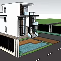 Modern Two Story Detached Villa With Glass Windows Balcony And Swimming Pool Courtyard