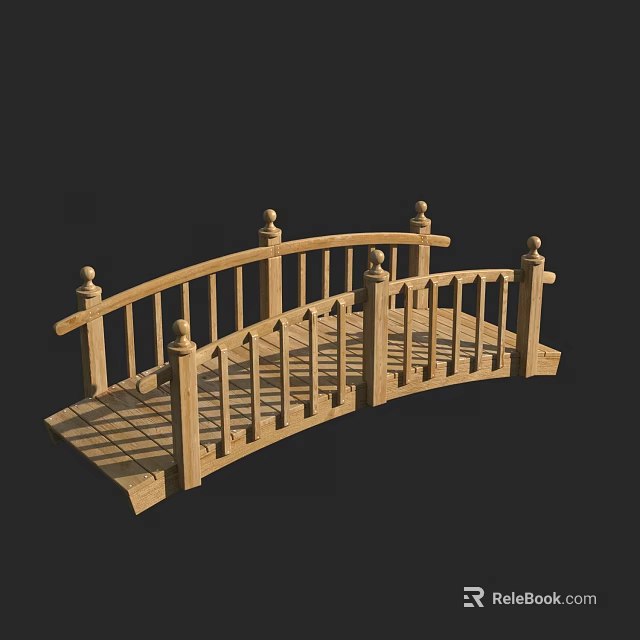 Wooden Arched Garden Bridge With Ornate Railings And Ball Finials Design 3d model 