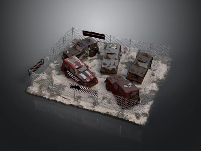 Barbed Wire Fence Enclosed Abandoned Vehicles With Warning Signs In Desert Terrain 3d model