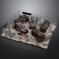 Barbed Wire Fence Enclosed Abandoned Vehicles With Warning Signs In Desert Terrain
