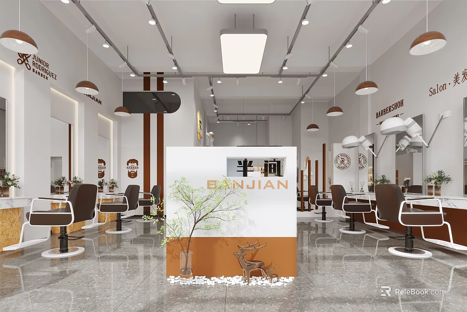 Modern Hair and Beauty Salon Interior with Styling Chairs Mirrors and Pendant Lights 3d model 