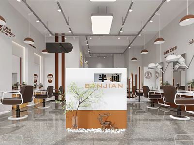 Modern Hair and Beauty Salon Interior with Styling Chairs Mirrors and Pendant Lights 3d model