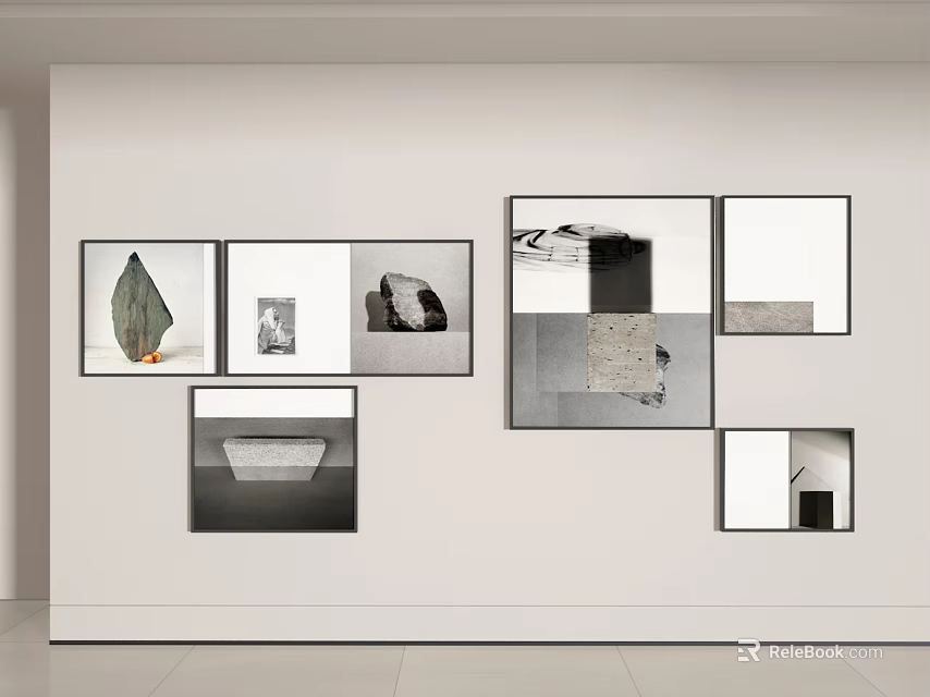 Minimalist Photo Wall With Multiple Black And White Frames On White Wall 3d model