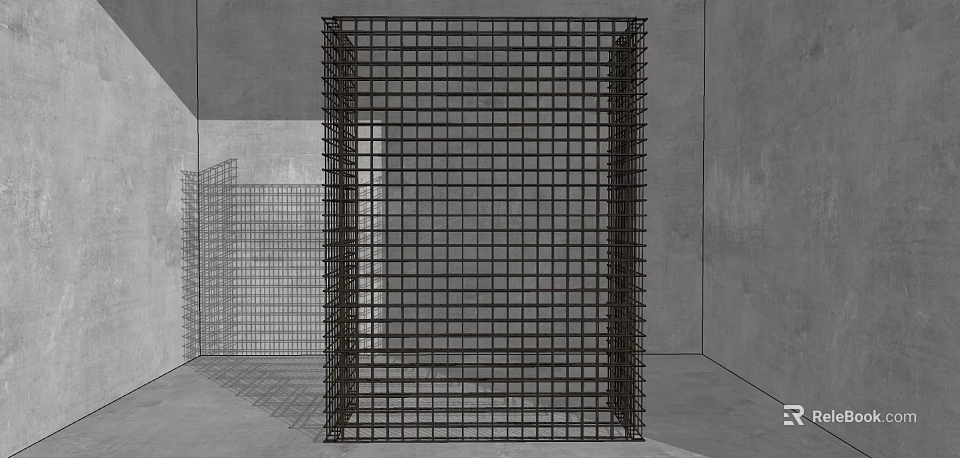 Metal Grid Structure In Concrete Room With Reflection 3d model 