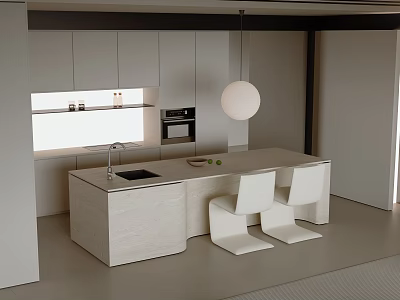 Modern Kitchen Interior With White Cabinets Island Counter And Pendant Light 3d model