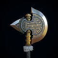 Medieval Battle Axe With Golden Head Intricate Patterns Gray Handle And Decorative Metal Rings