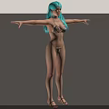 Woman with Turquoise Hair Wearing Metallic Bikini Arms Outstretched Against Gray Background