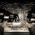Wedding Stage Decor with Black Background White Letters XU4U Floral Arrangements Hanging Lamps and Candles