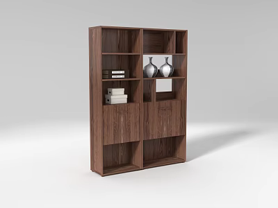 Brown Wooden Shelving Unit With Multiple Shelves Books And Silver Vases 3d model