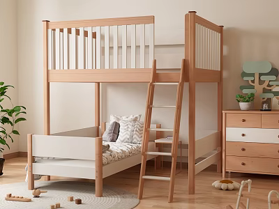 Light Wood Bunk Bed With Ladder Pillows And Cozy Kids Room Drawer Chest 3d model